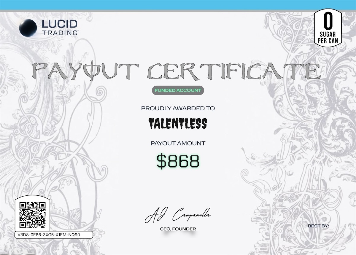 Lucid Trading payout certificate: $868 to Talentless, funded account